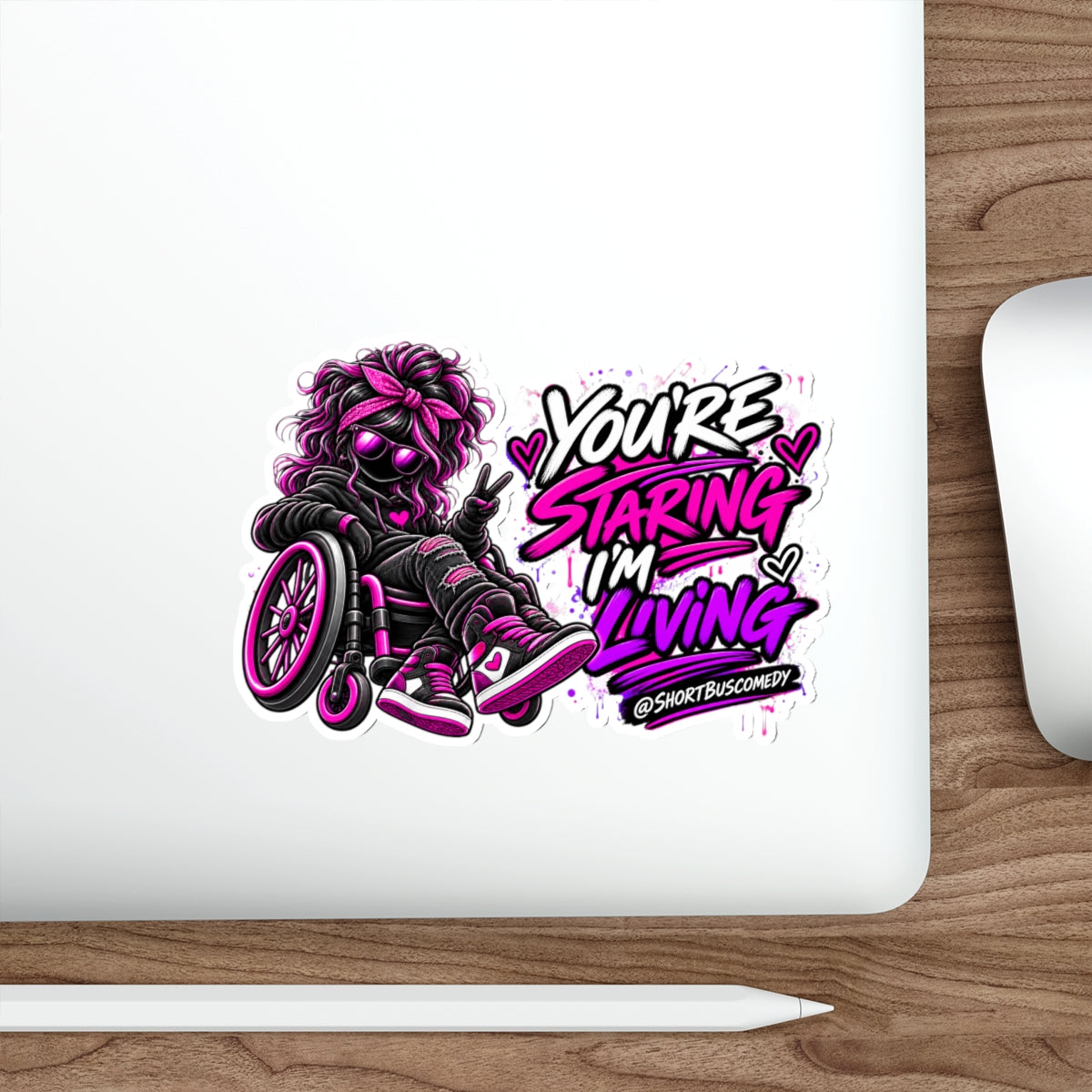 “You’re Staring I’m Living” Die-cut Wheelchair Pride Sticker (Neon Pink & Purple)