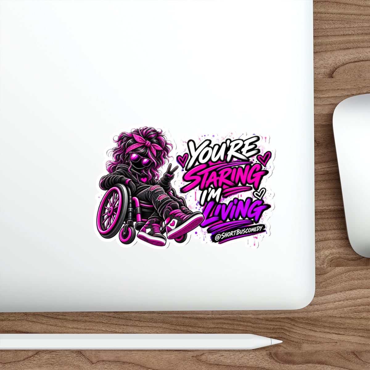 “You’re Staring I’m Living” Die-cut Wheelchair Pride Sticker (Neon Pink & Purple)