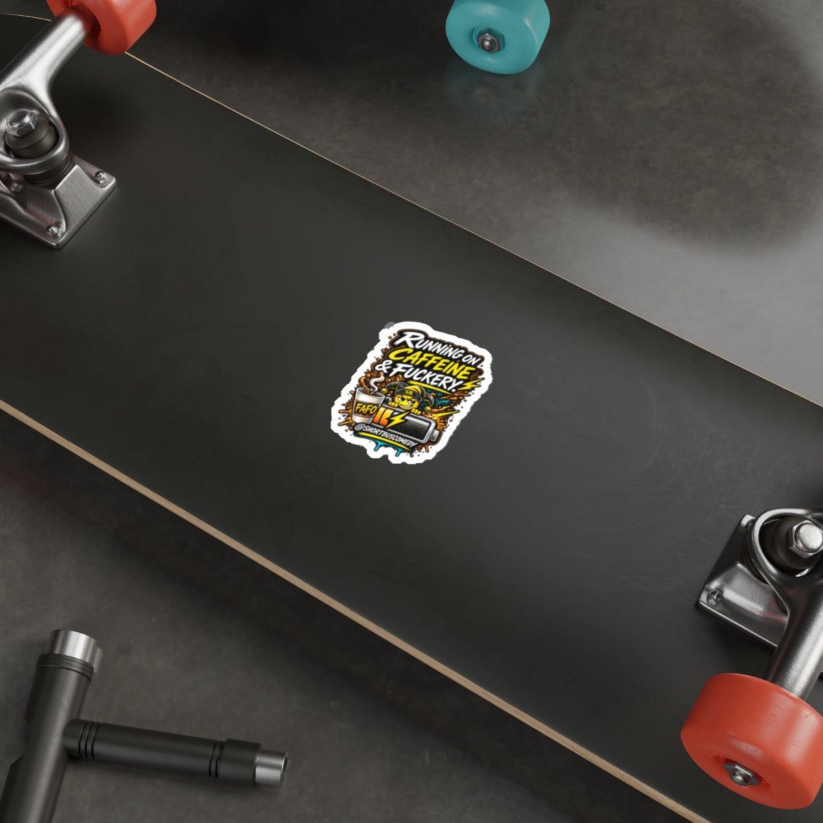 Running on Caffeine and Fuckery — Short Bus Comedy Sticker