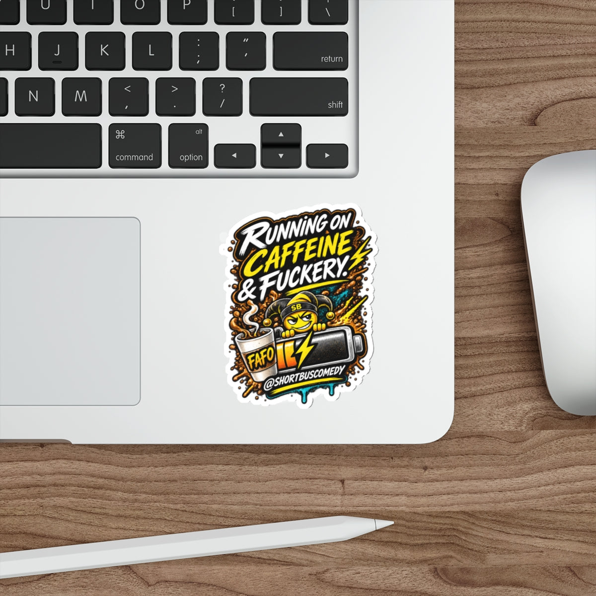 Running on Caffeine and Fuckery — Short Bus Comedy Sticker