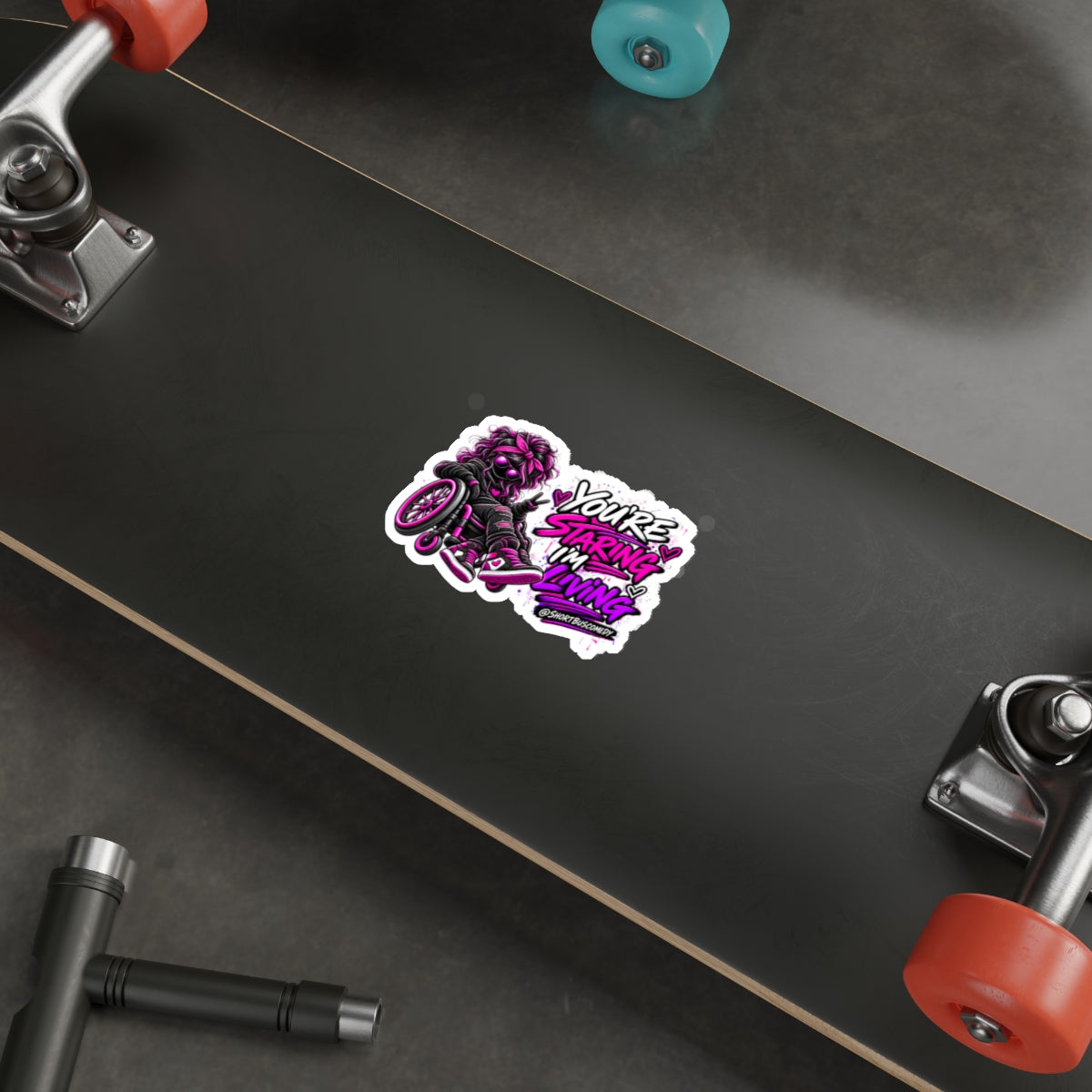 “You’re Staring I’m Living” Die-cut Wheelchair Pride Sticker (Neon Pink & Purple)