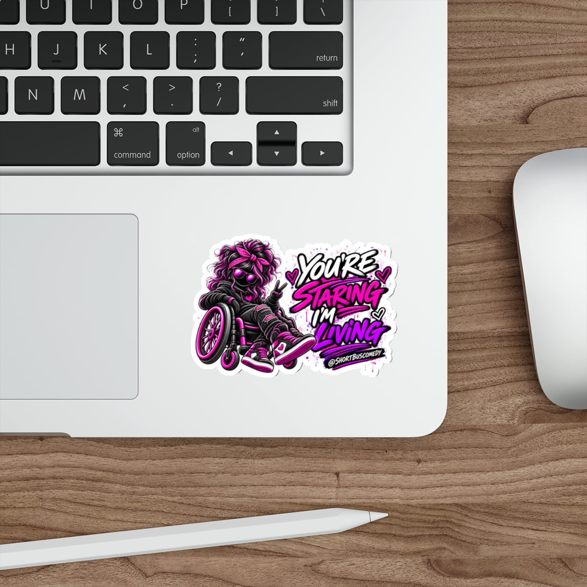 “You’re Staring I’m Living” Die-cut Wheelchair Pride Sticker (Neon Pink & Purple)