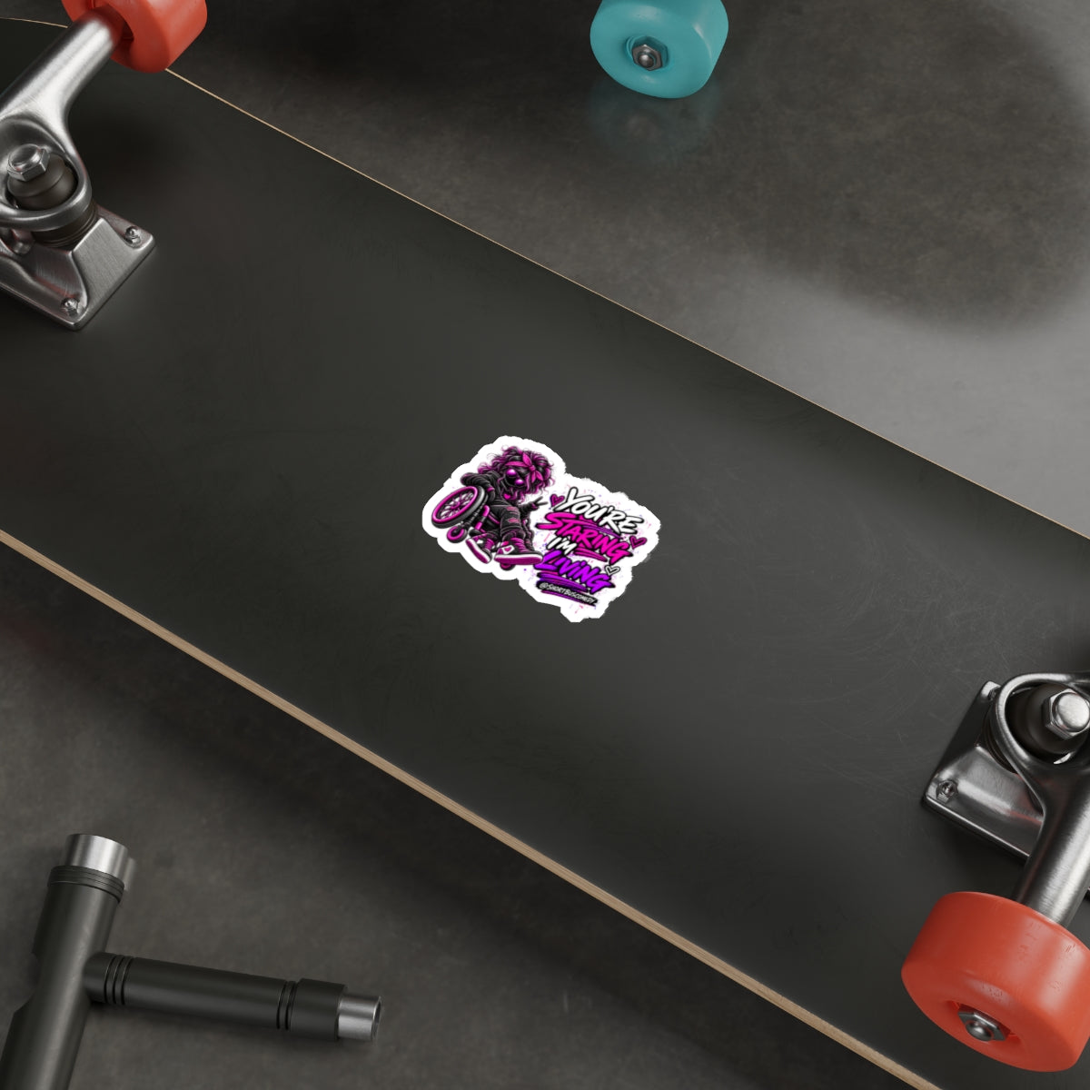 “You’re Staring I’m Living” Die-cut Wheelchair Pride Sticker (Neon Pink & Purple)