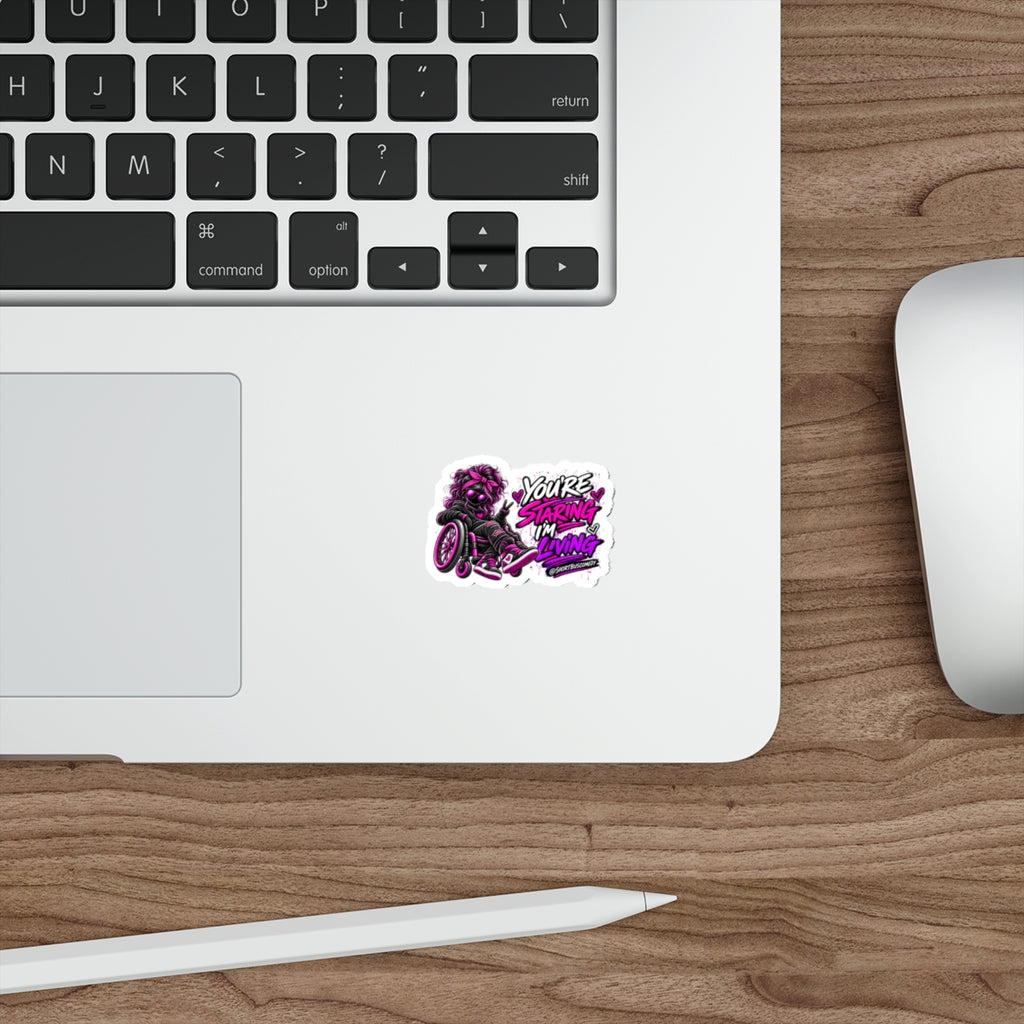 “You’re Staring I’m Living” Die-cut Wheelchair Pride Sticker (Neon Pink & Purple)